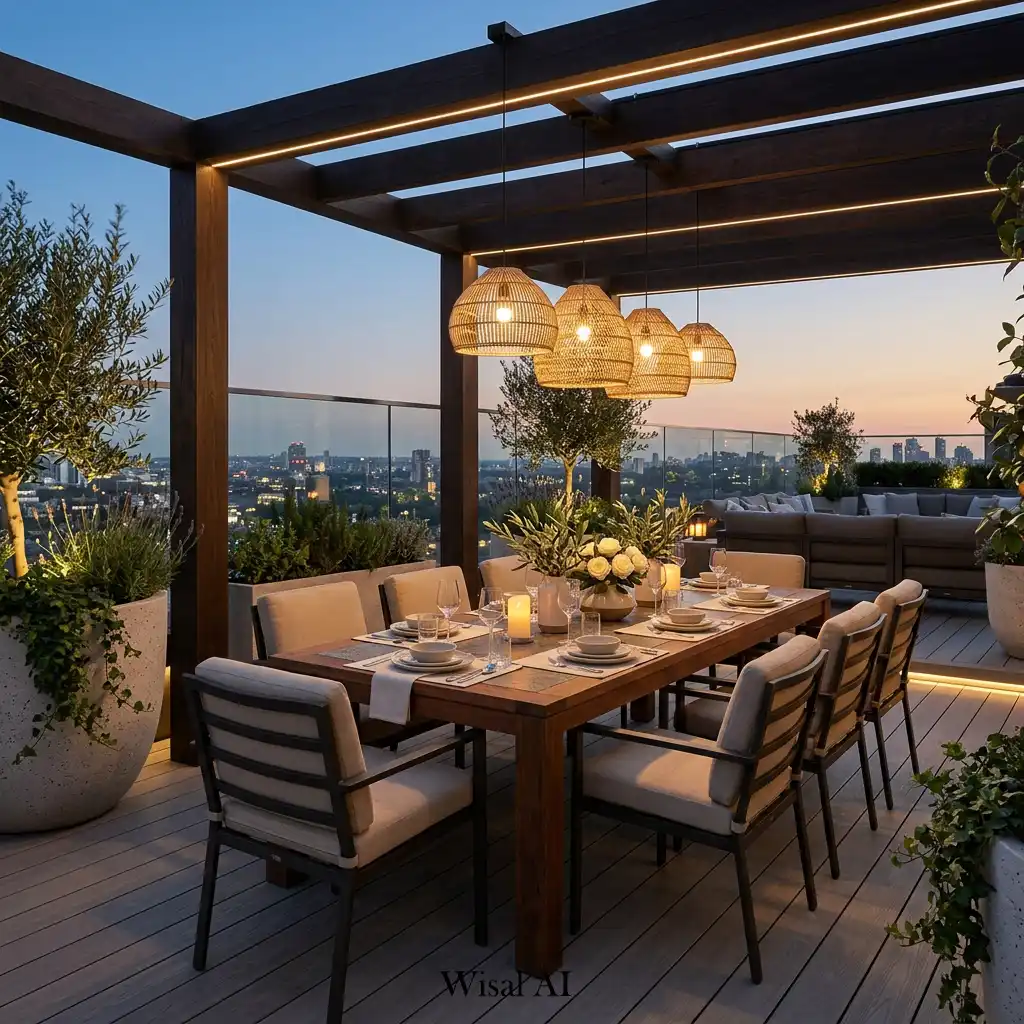 Luxury rooftop dining area with a large table and elegant outdoor décor