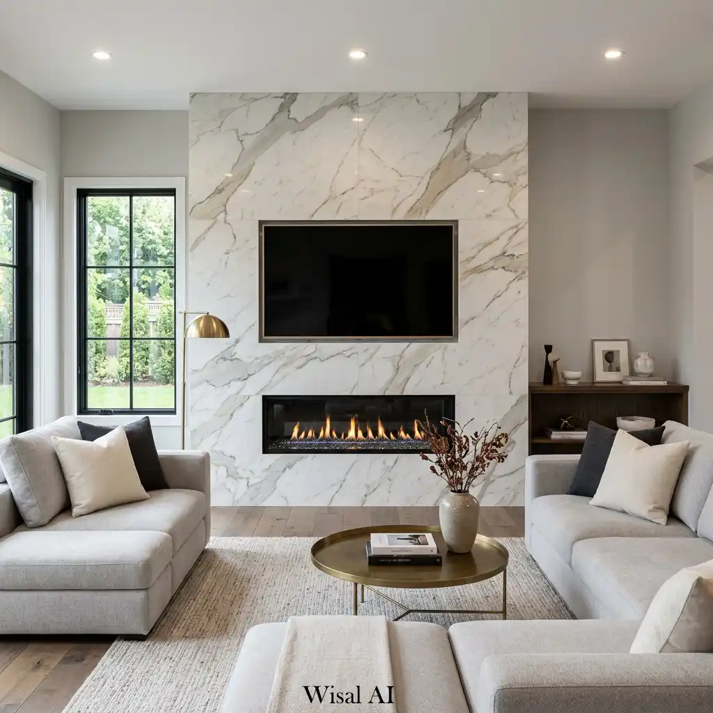 Luxury marble fireplace wall with dramatic veining and contemporary interior styling