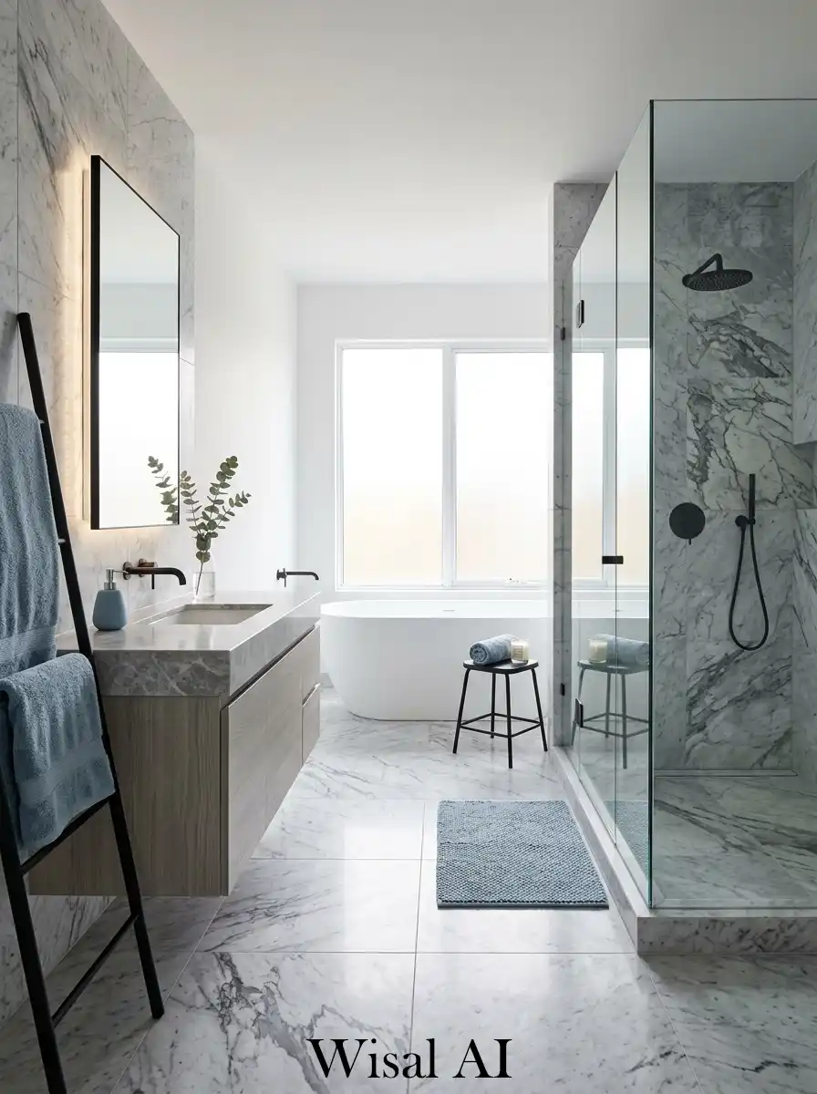 Navy blue vanity with light grey bathroom background