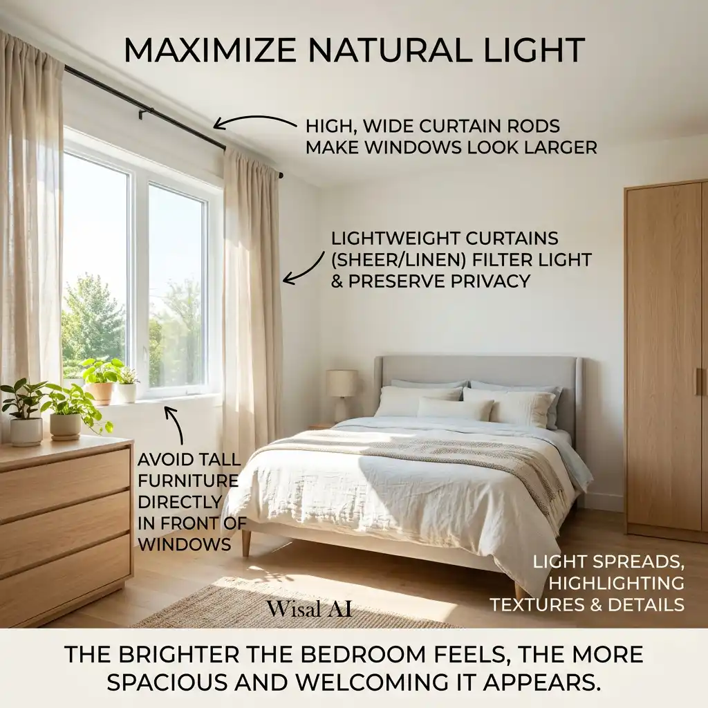 Modern bedroom maximizing natural light with sheer curtains and large windows.