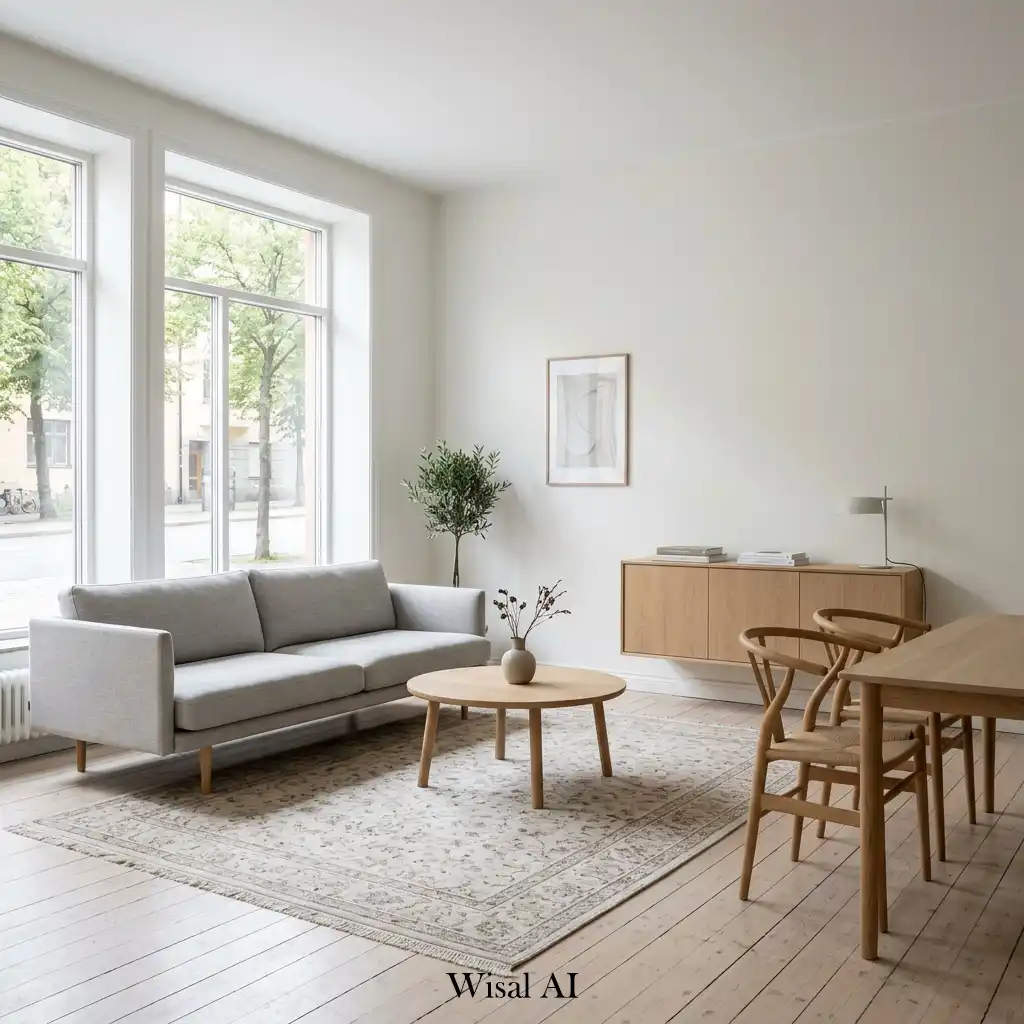 Clean Scandinavian interior with minimal furniture and open space planning