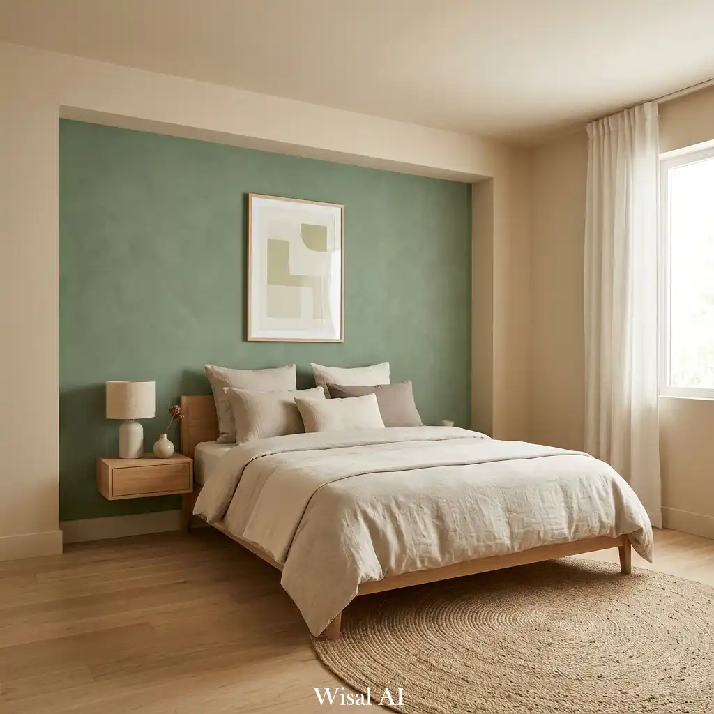Minimal beige bedroom with soft green accent wall and clean contemporary interior design