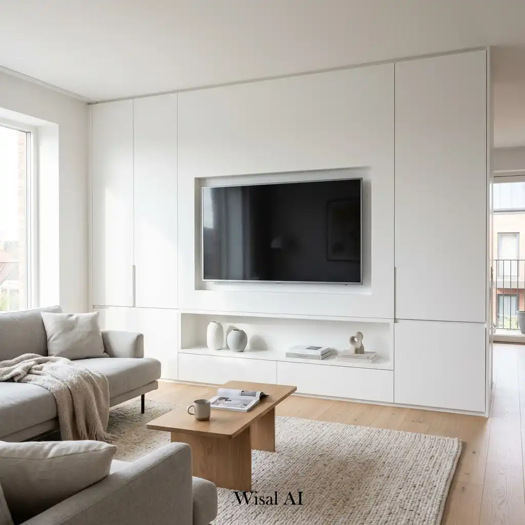 Minimalist white built-in TV wall with handleless cabinets.