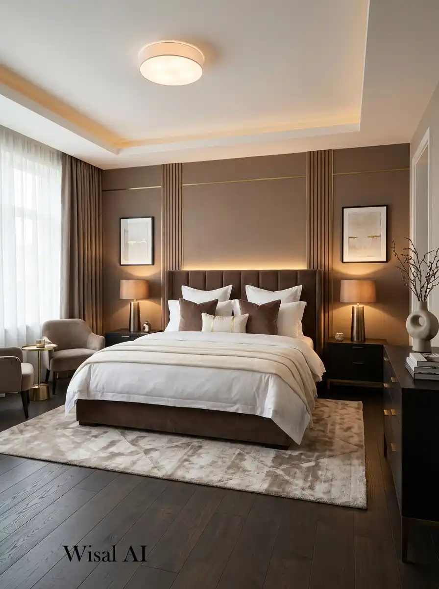 3. Mocha Bedroom Idea with Modern Hotel-Inspired Elegance
