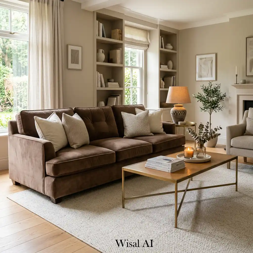 Luxury mocha velvet sofa in elegant apartment living room