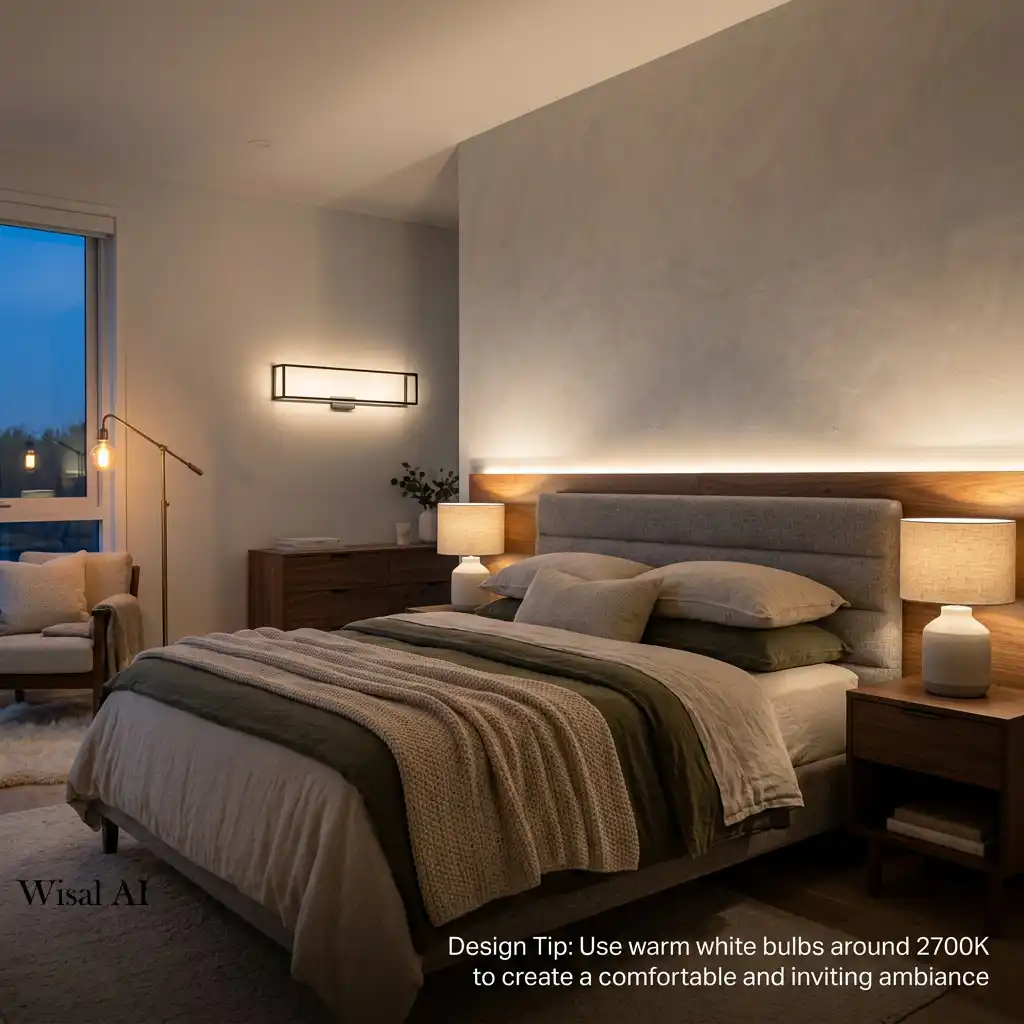 Modern bedroom with soft ambient lighting and a relaxing atmosphere.