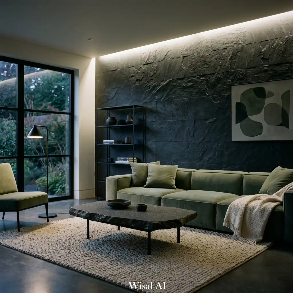 Modern luxury sage green living room with dark stone accents, charcoal textures, and elegant lighting