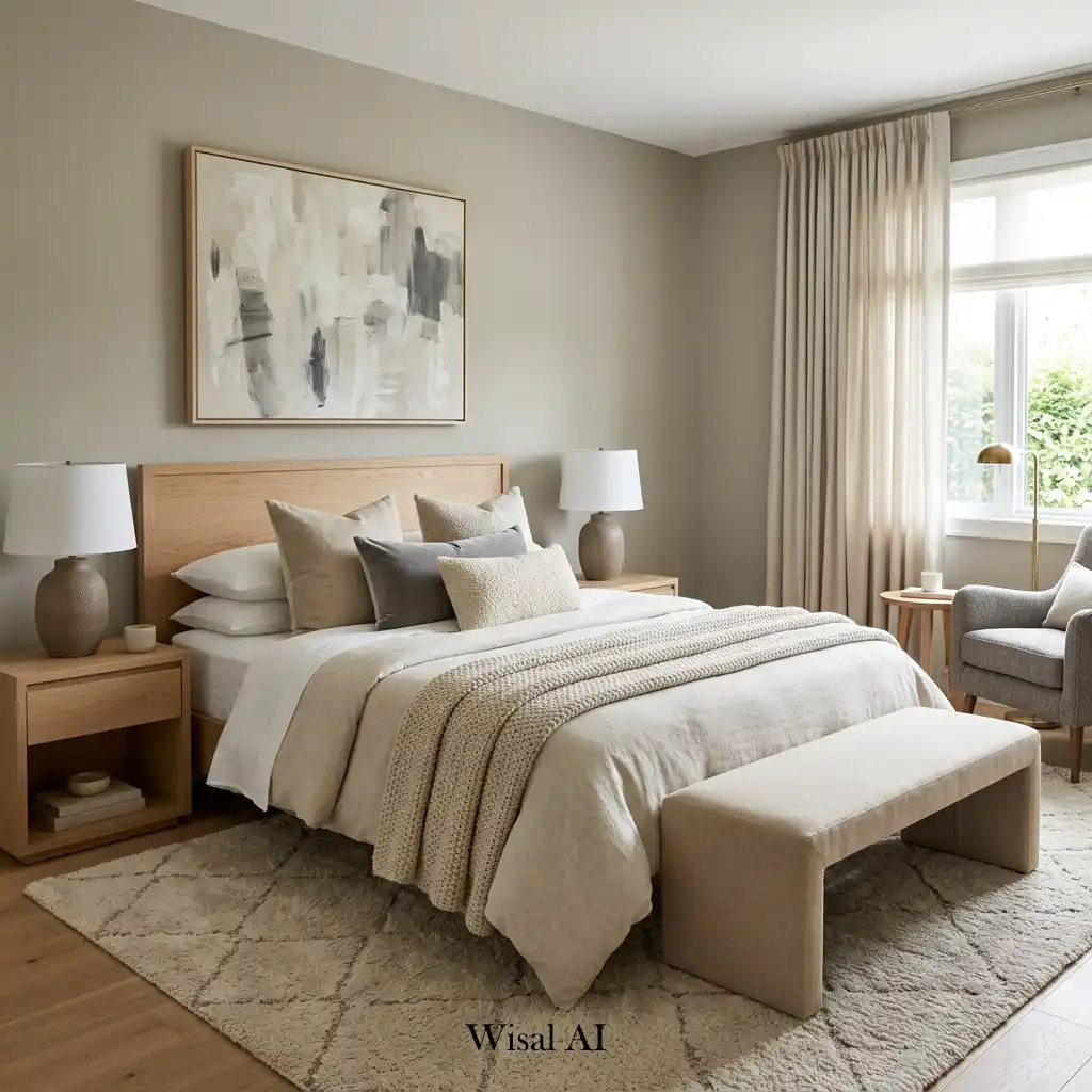 Modern guest bedroom with neutral colors and elegant minimalist design.