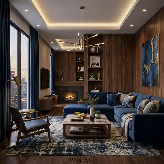 Scandinavian living room with moody blue accent chair and light wood furniture