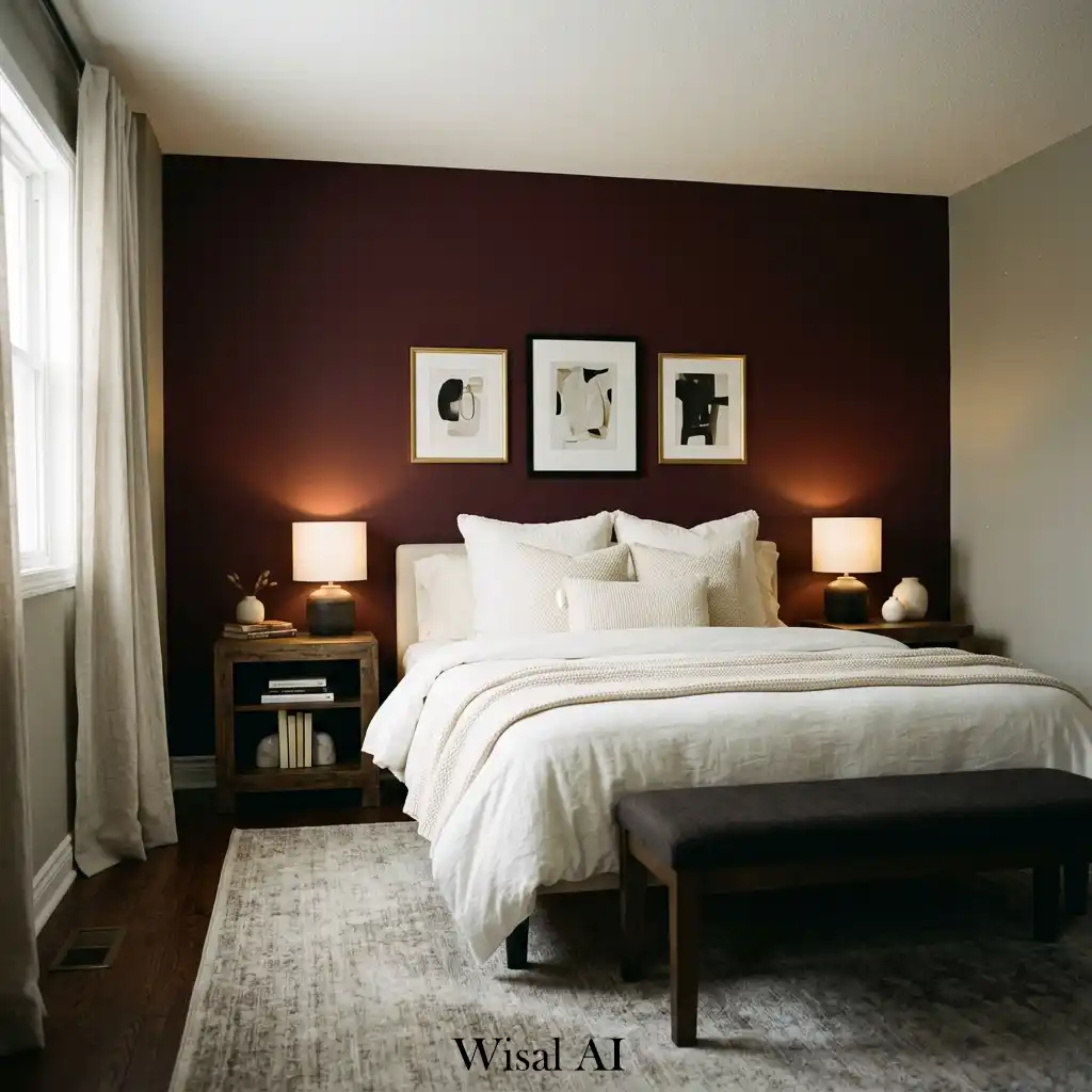 Modern bedroom with burgundy accent wall and neutral furnishings