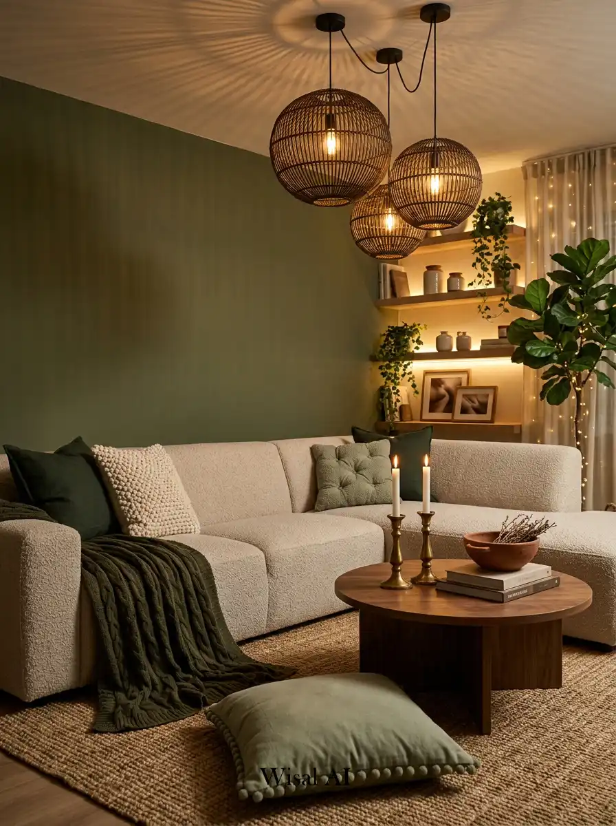 3. Cozy Sage Boho Living Room: Moody Evening Ambiance