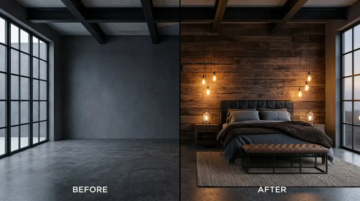 3. Moody Industrial Luxe Bedroom Concept: Before and After