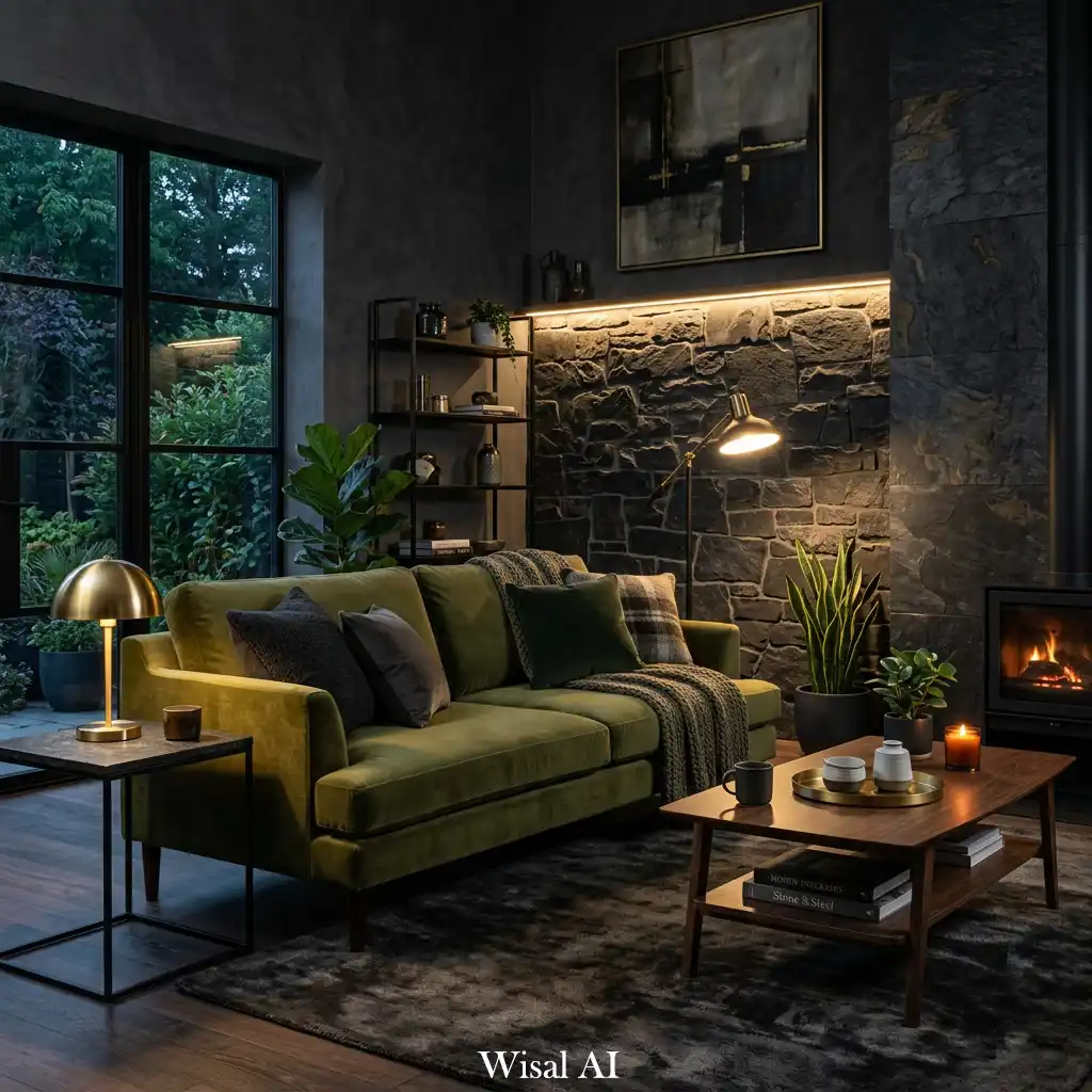 Moody luxury living room with olive green sofa, dark stone accents, and warm ambient lighting