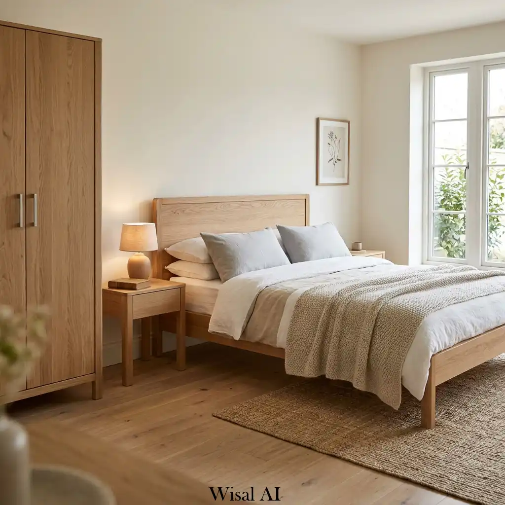 Scandinavian inspired bedroom with natural oak furniture and warm lighting