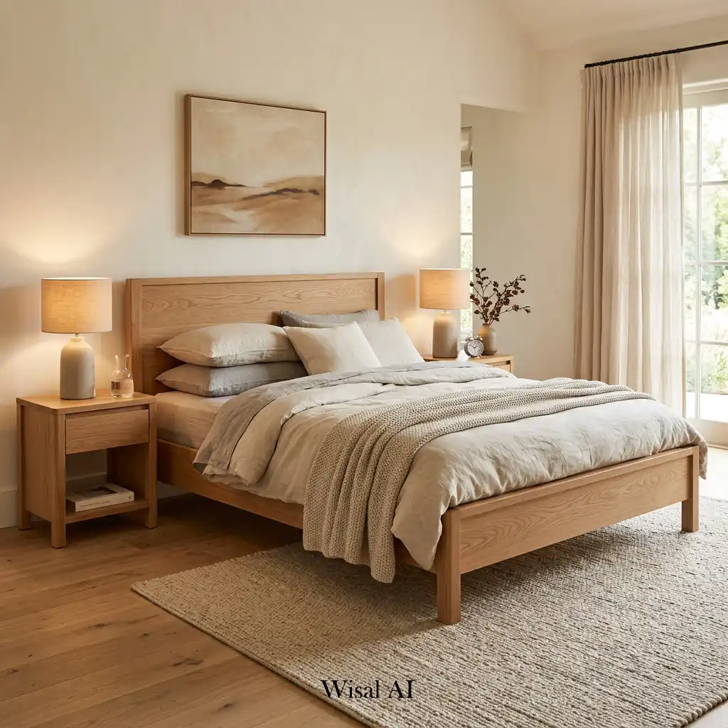 Modern master bedroom featuring natural oak furniture and warm tones
