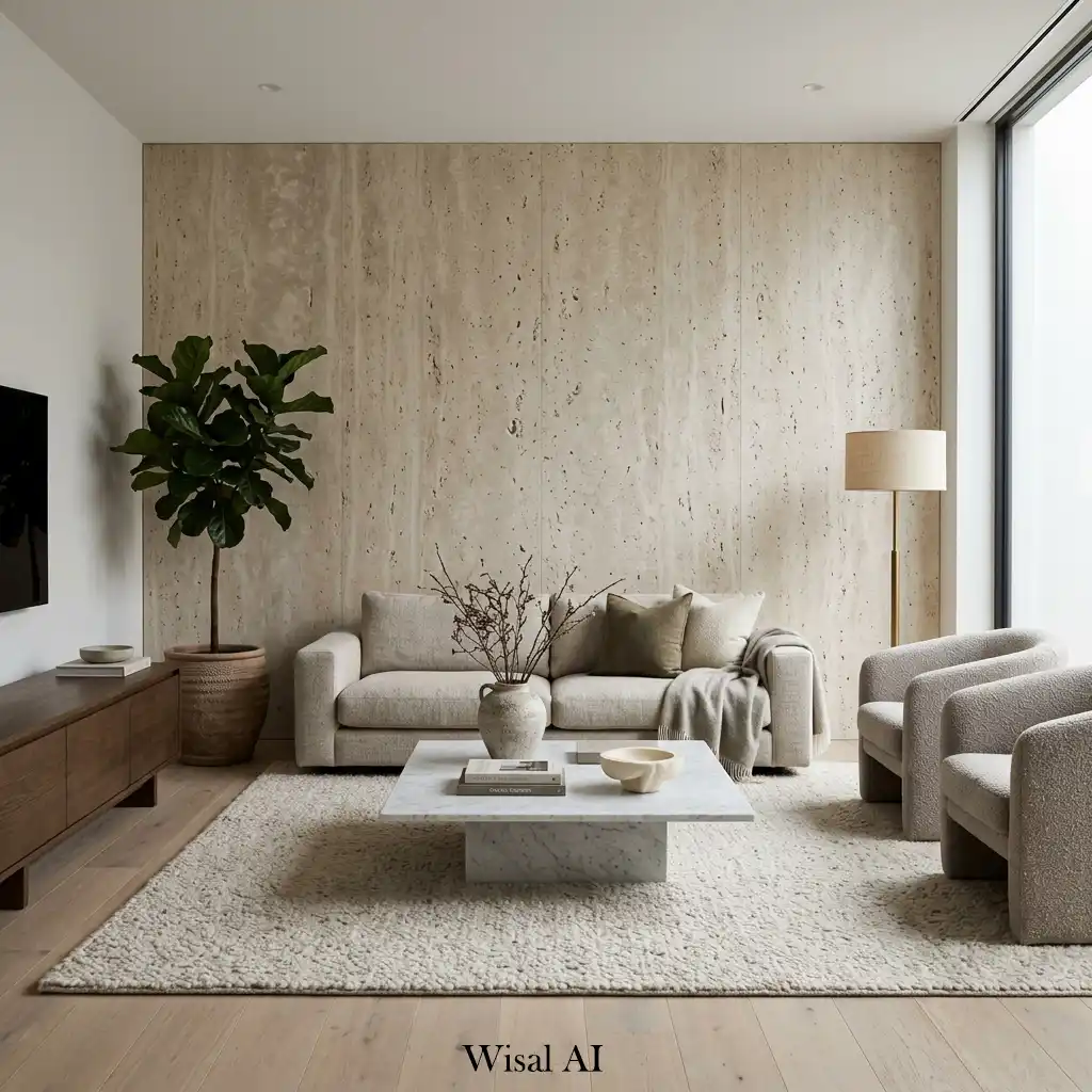 Luxury living room featuring natural stone coffee table and organic materials