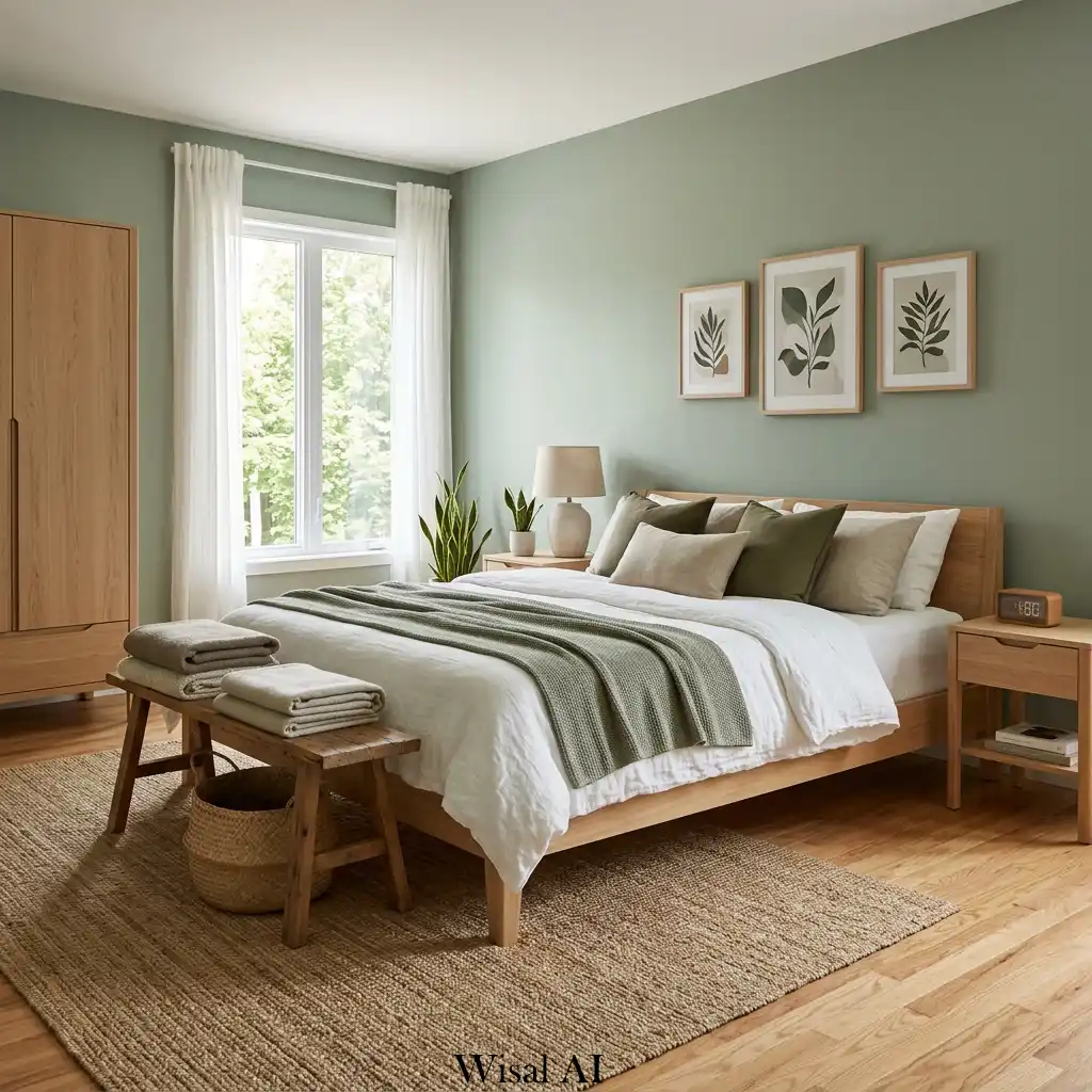 Elegant bedroom design combining sage green walls with warm natural wood furniture for a balanced and organic modern interior