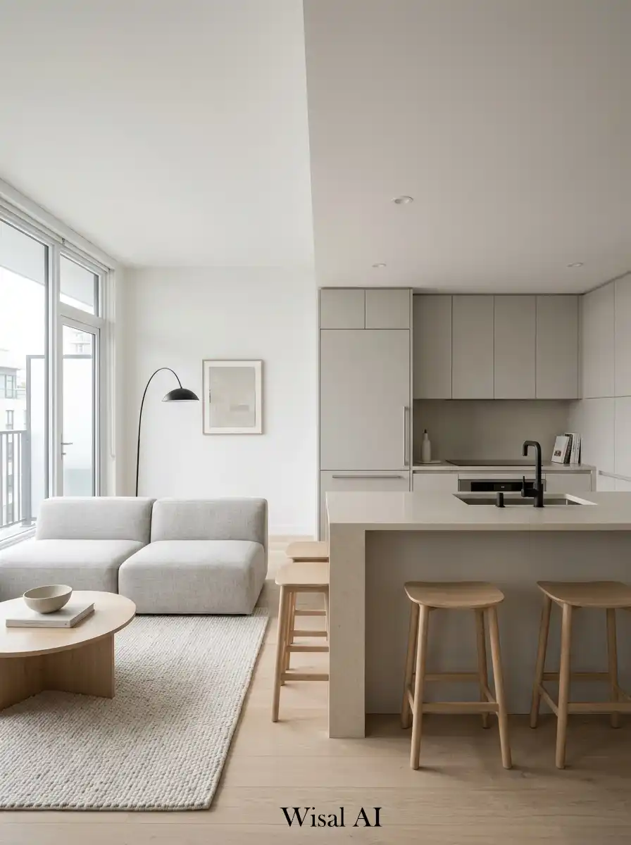 3. Neutral Minimal Modern Open-Plan Kitchen and Living Room Idea
