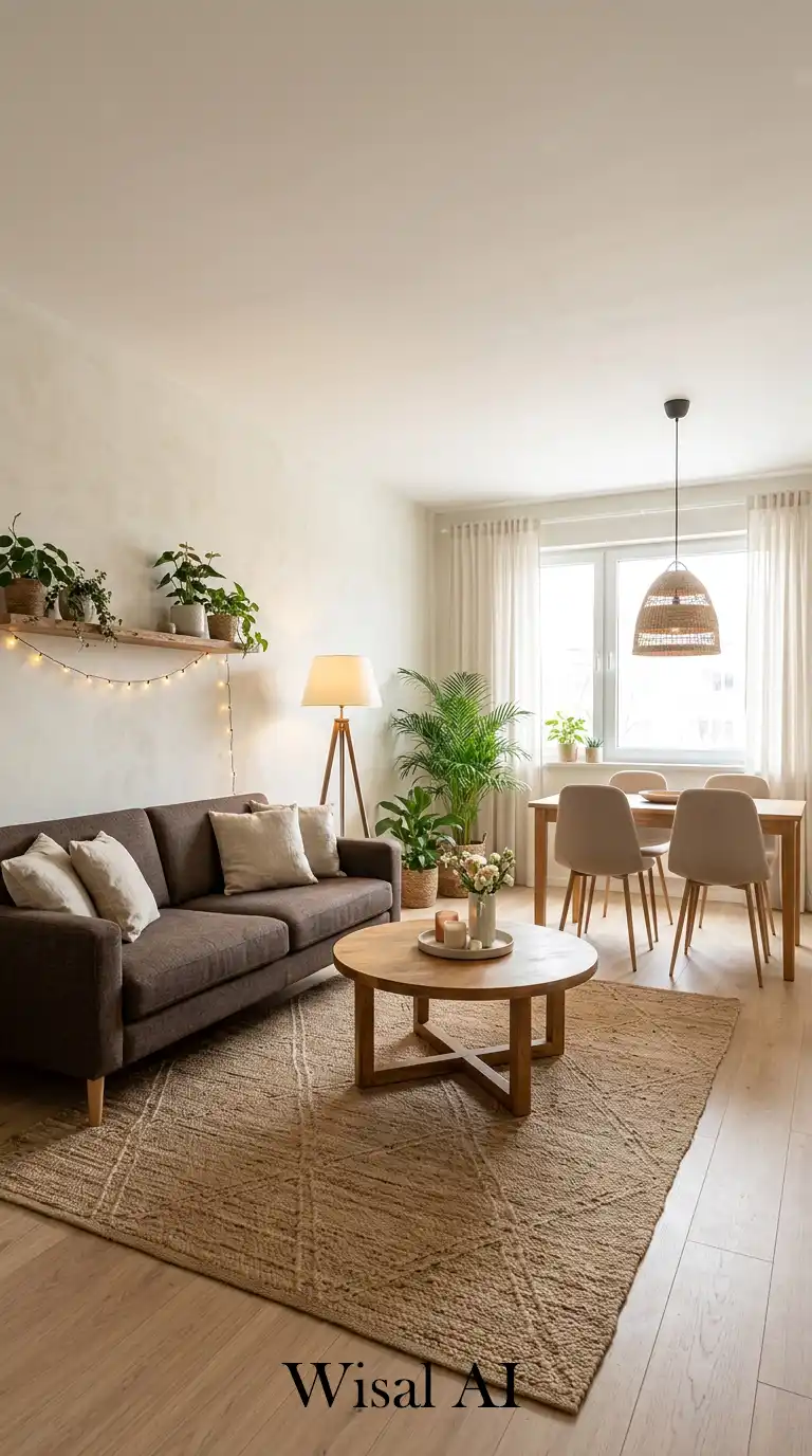 3. Nordic-Boho Fusion: Small Living Room with Dining Table