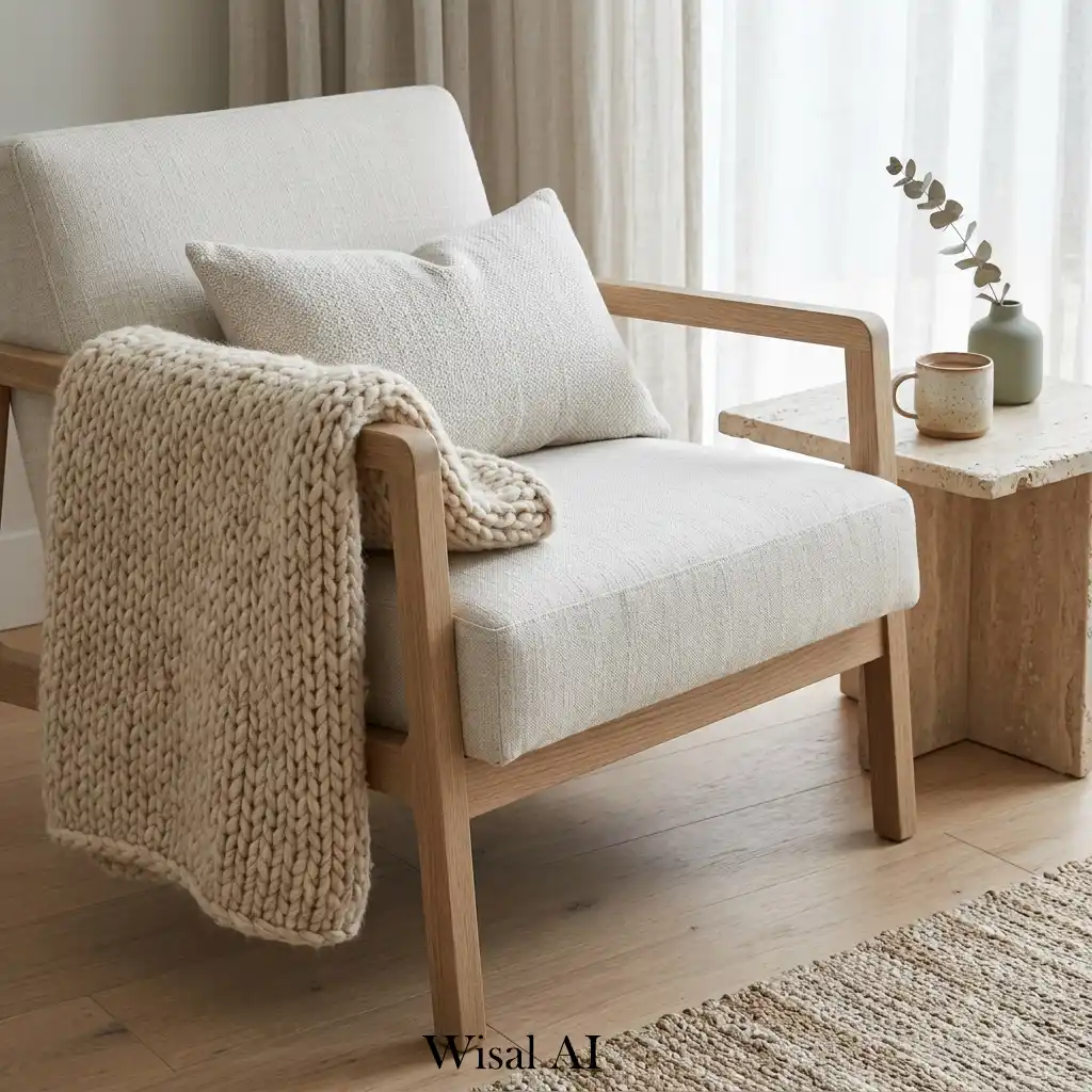 Japandi living room organic textures linen wool cozy design