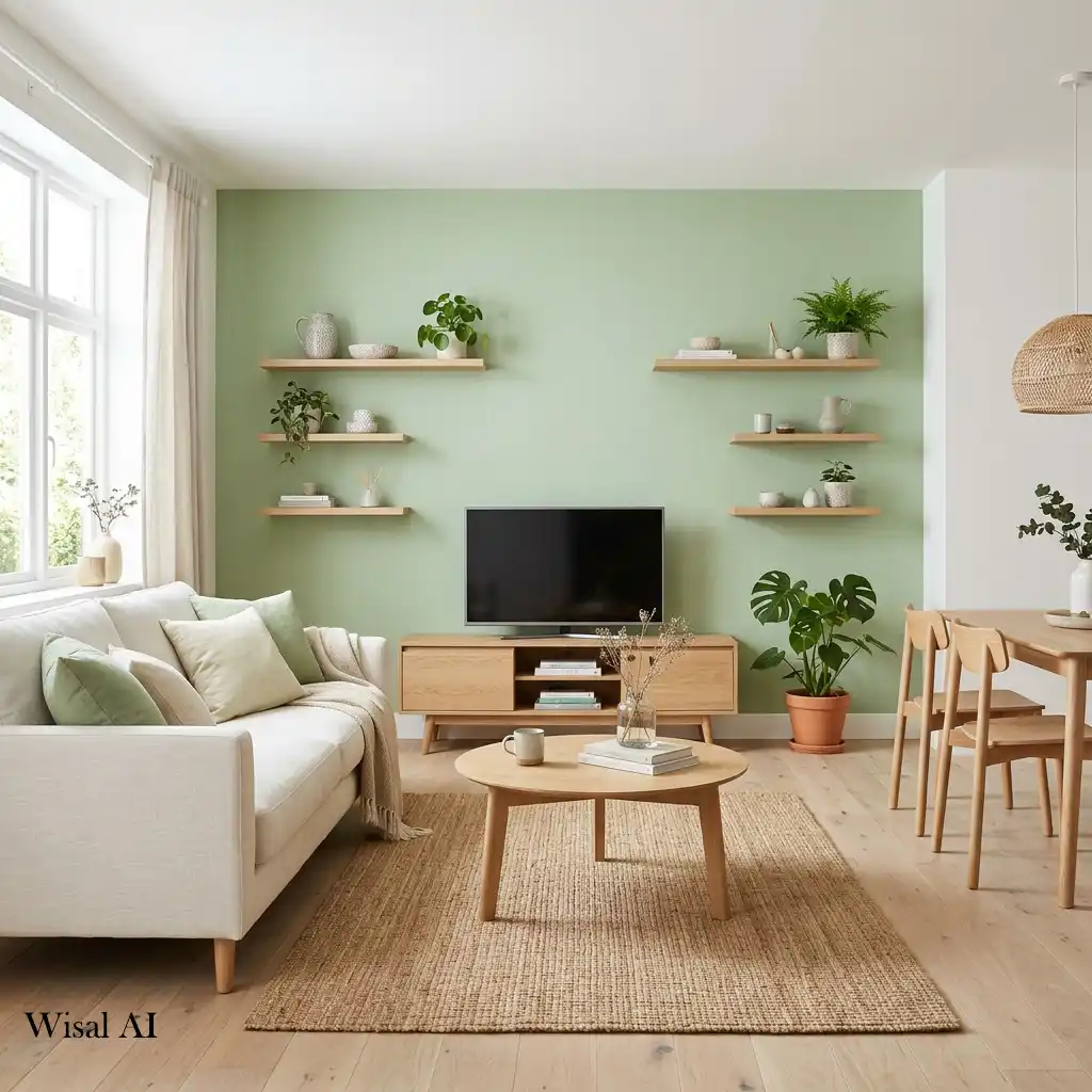 Light oak coffee table paired with pistachio green living room décor.