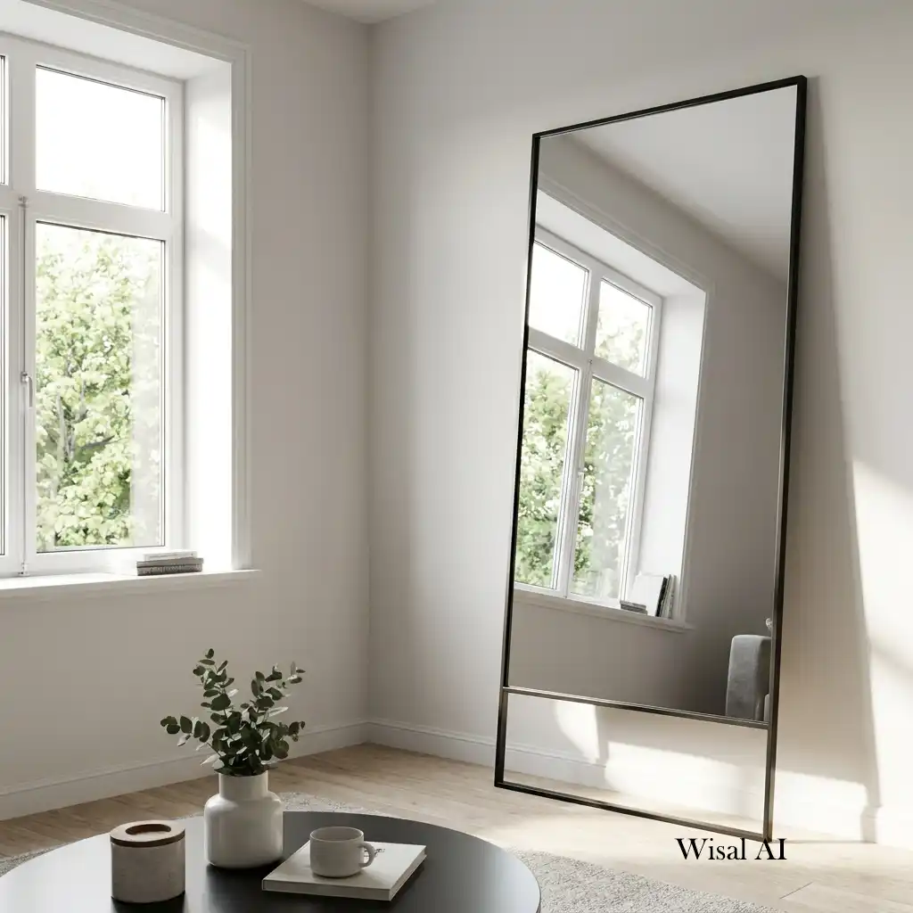 Modern living room with a large mirror reflecting daylight to brighten the space.