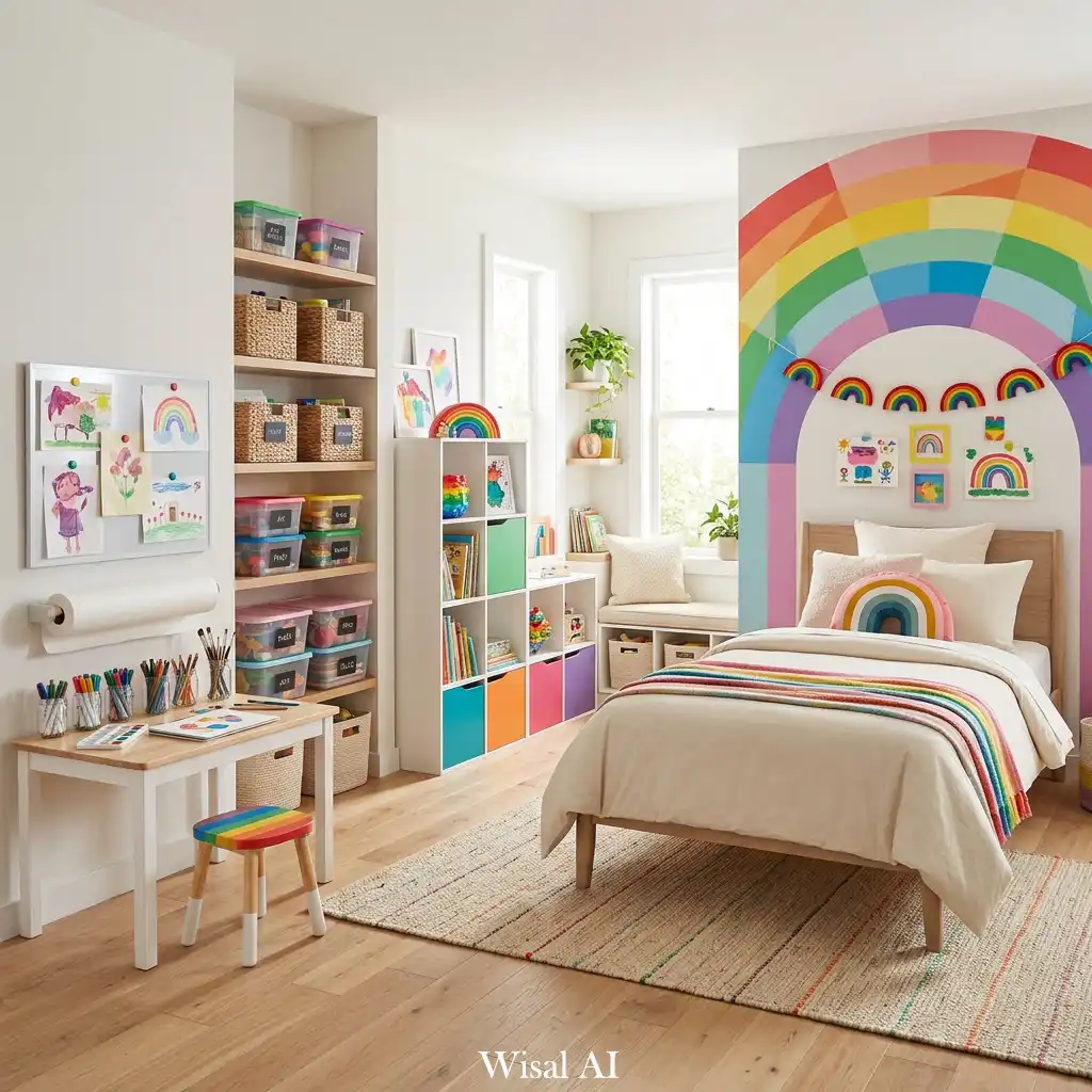 Colorful rainbow kids bedroom with creative art wall, playful decor, and vibrant accents