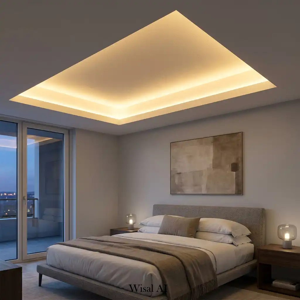Contemporary bedroom with a recessed tray ceiling and hidden LED lighting.