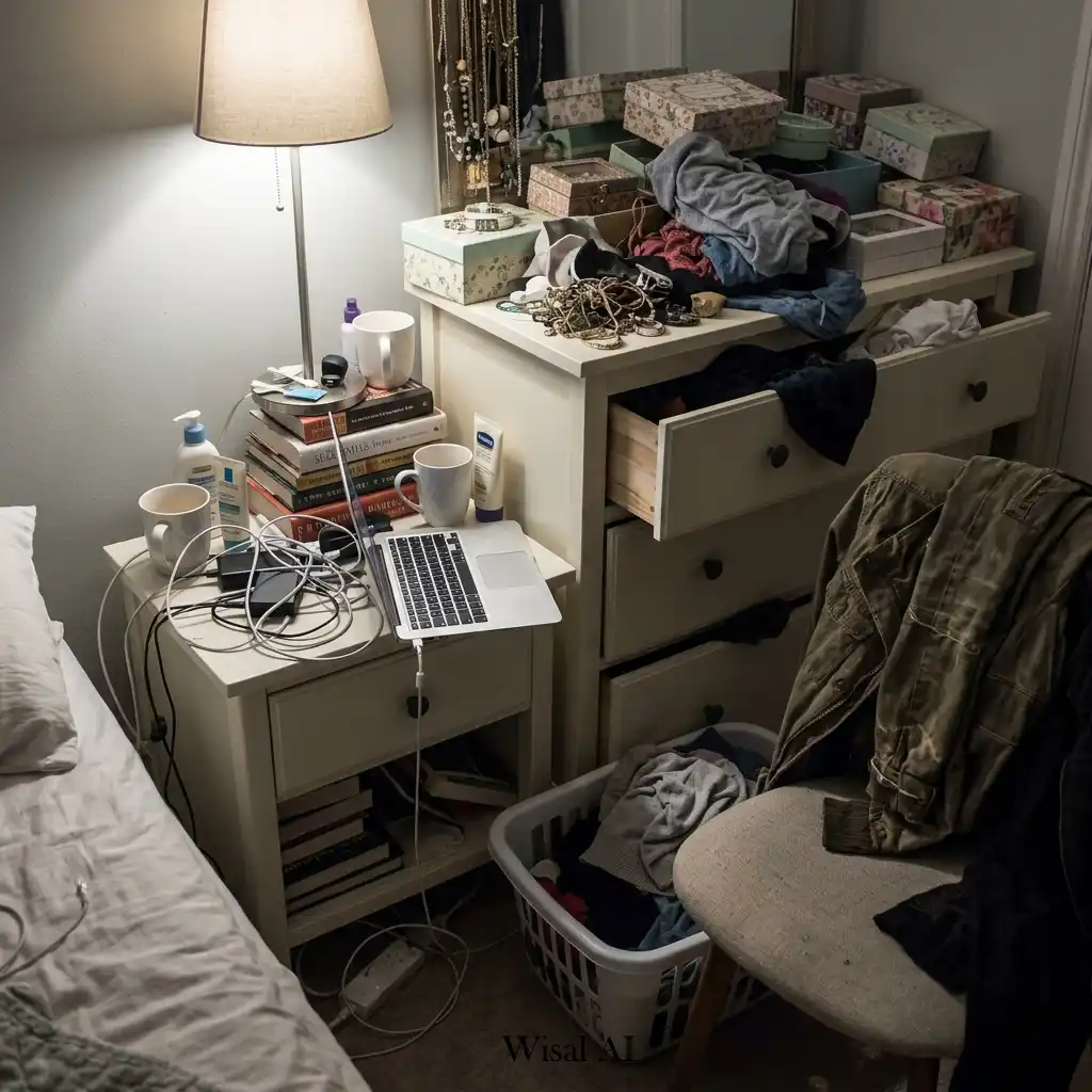 Minimalist bedroom with clutter-free surfaces promoting calmness and stress-free daily living.