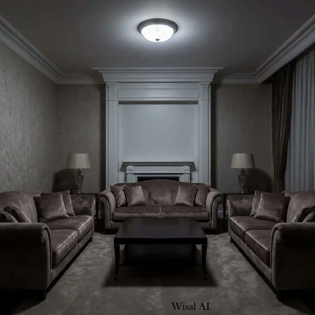Living room relying on a single ceiling light with dark shadowed corners.