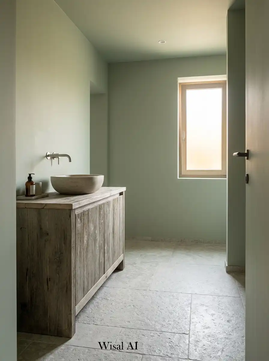 Modern bathroom with sage green accents stone gray surfaces and relaxing natural spa-inspired interior design aesthetic.