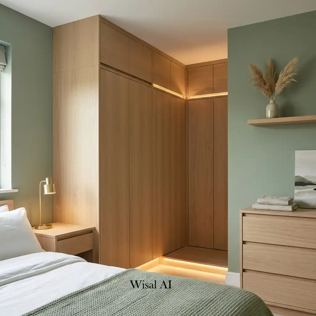 Sage green bedroom with white oak built-in wardrobes and integrated LED lighting.