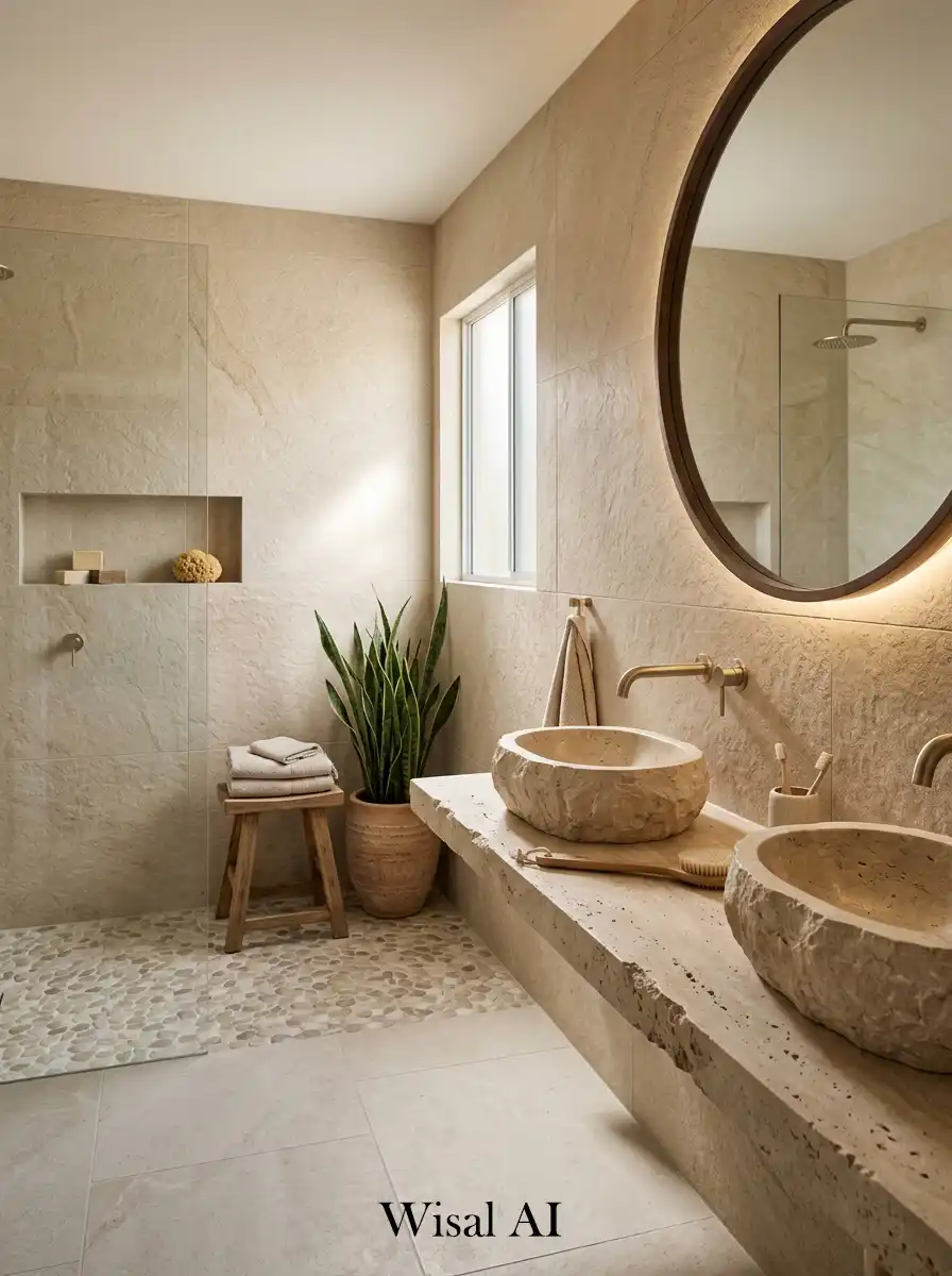 Minimal bathroom with sand beige stone surfaces and organic natural textures.