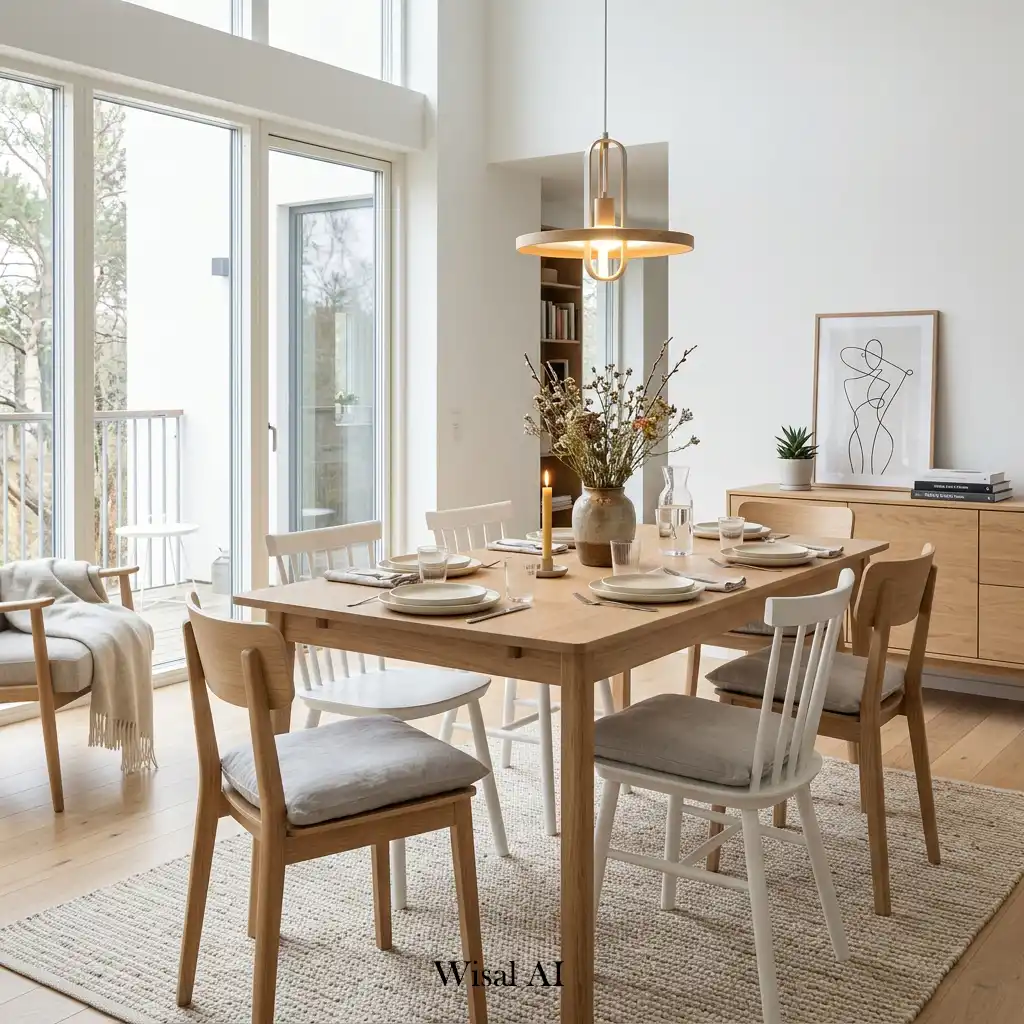 Scandinavian dining room with light wood furniture and bright minimalist interiors