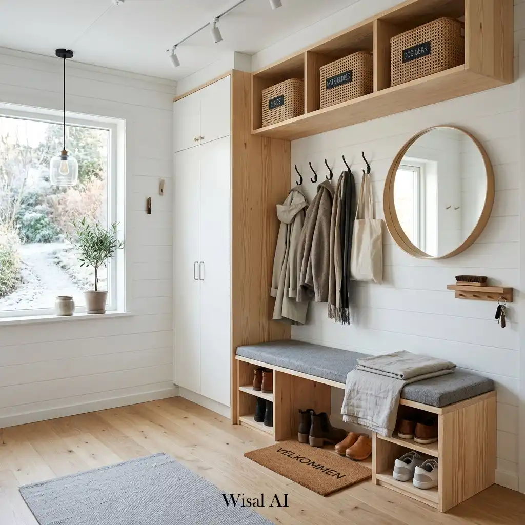 Scandinavian mudroom with light wood finishes, white walls, and minimalist storage