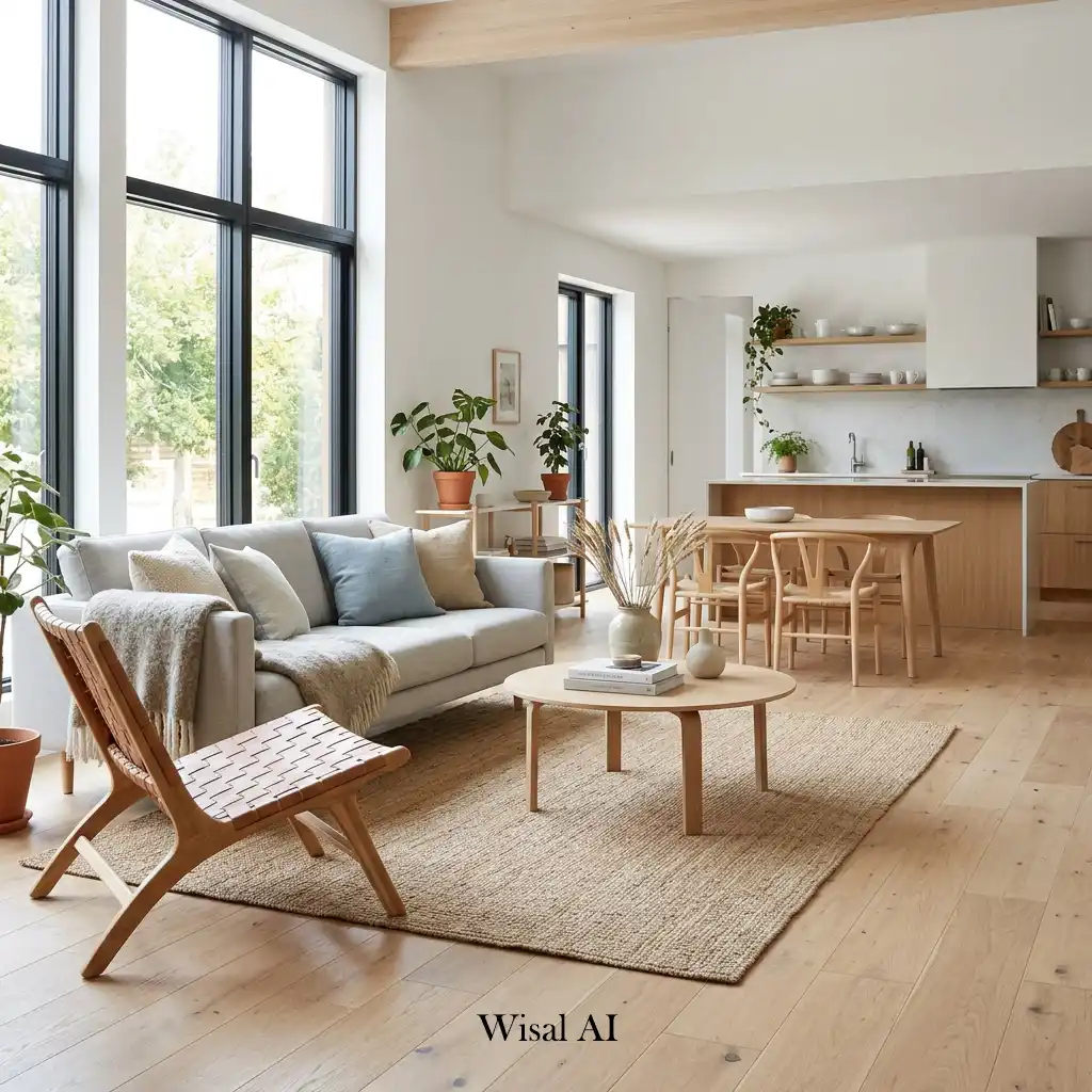 Scandinavian open concept living room with light wood and natural daylight