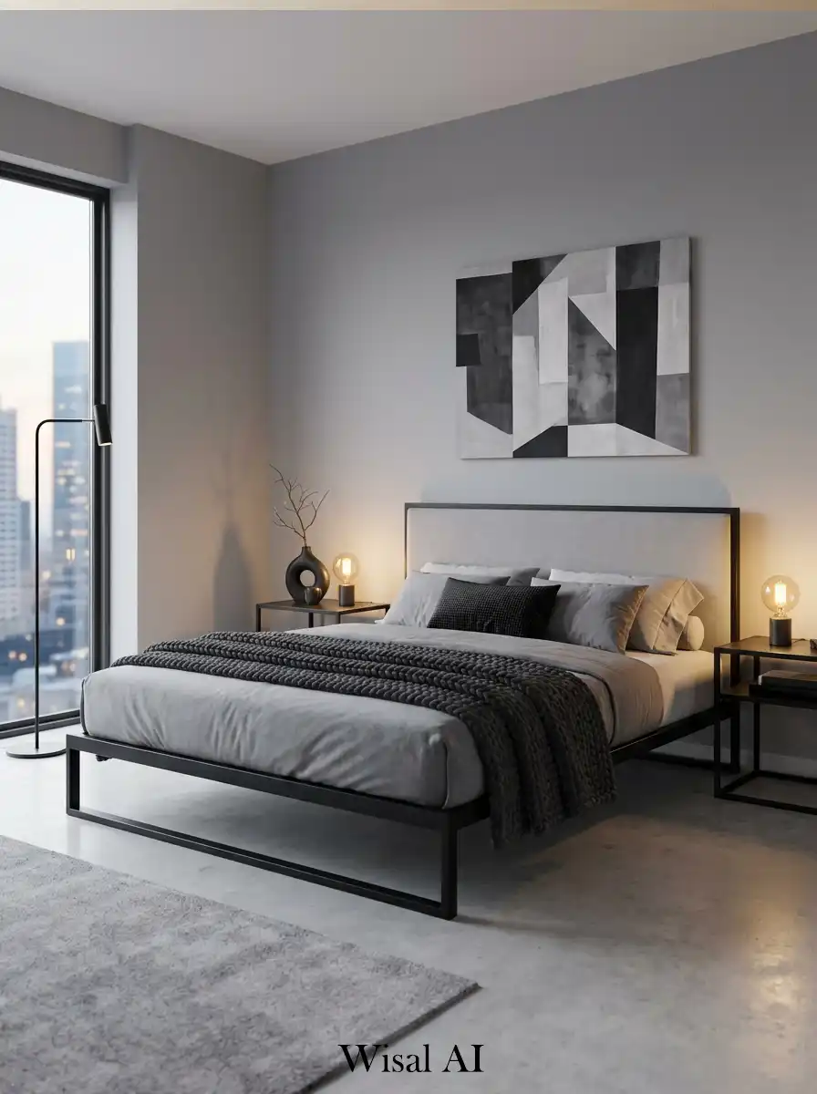 Contemporary bedroom design combining soft gray walls with black furniture for a calm modern look.