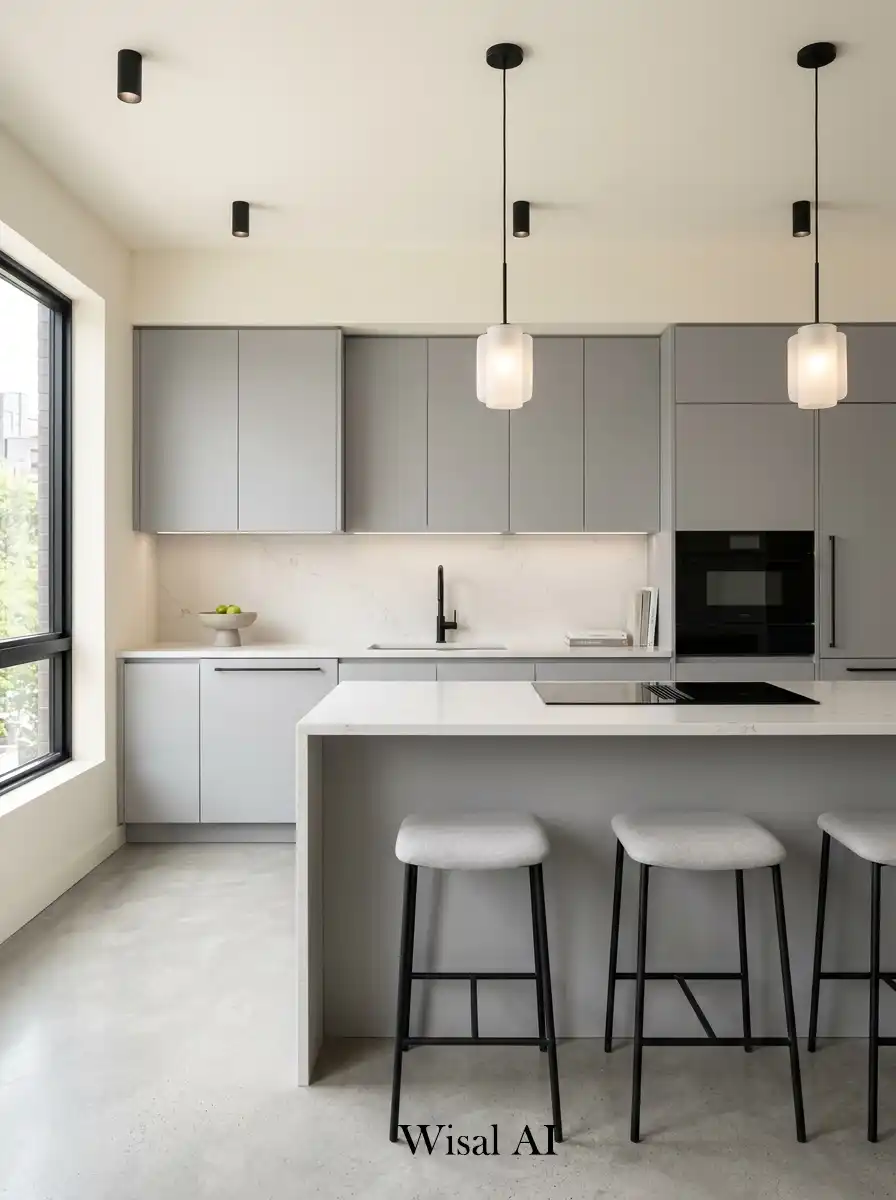 Elegant kitchen featuring soft gray cabinets and ivory surfaces in a clean minimalist style.