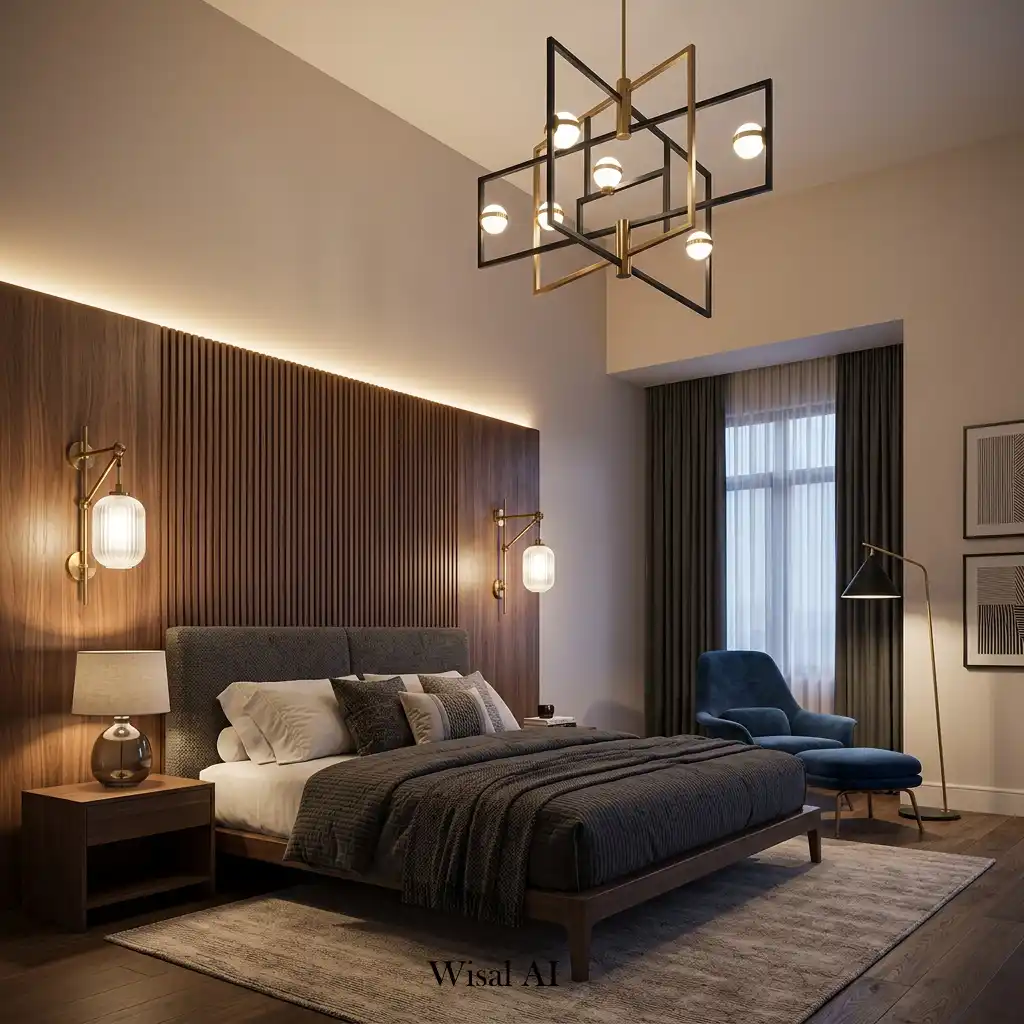 Luxury contemporary bedroom with designer statement lighting and elegant furnishings