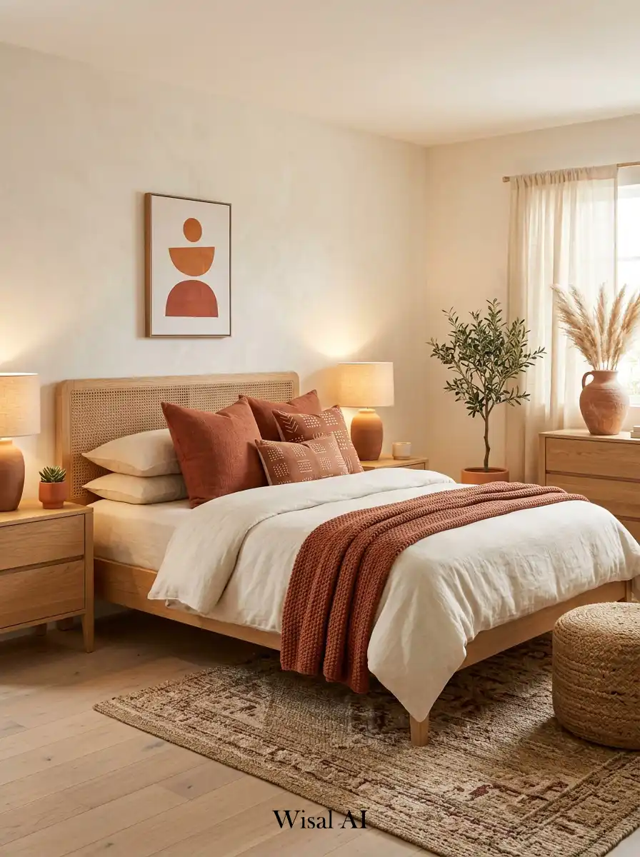 Stylish bedroom combining terracotta accents and cream base tones to achieve a warm earthy bohemian inspired luxury interior design.