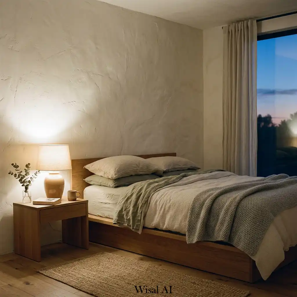 3. Textured Plaster Bedroom with Gentle Evening Glow