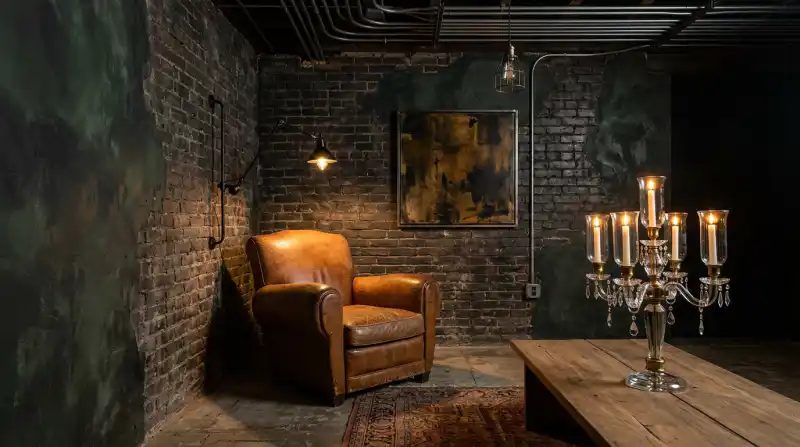 13. The Art Collector’s Cellar: Dramatic Moody Industrial Living Room Idea