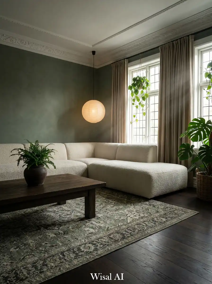3. The Moody Heritage: A Deep Sage Green Living Room