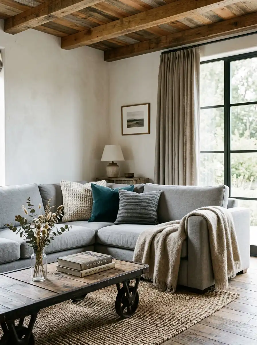 23. Cozy Nook with Textured Warmth Farmhouse Living Room Idea