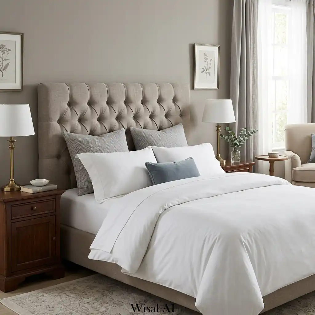 Tufted upholstered headboard in luxury traditional bedroom
