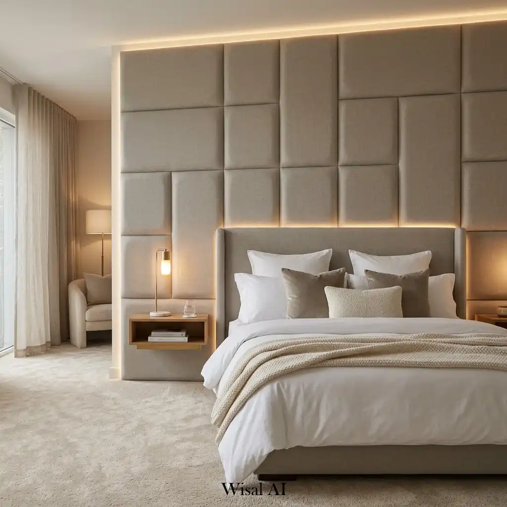 Bedroom with oversized upholstered wall panels and hotel-inspired design.