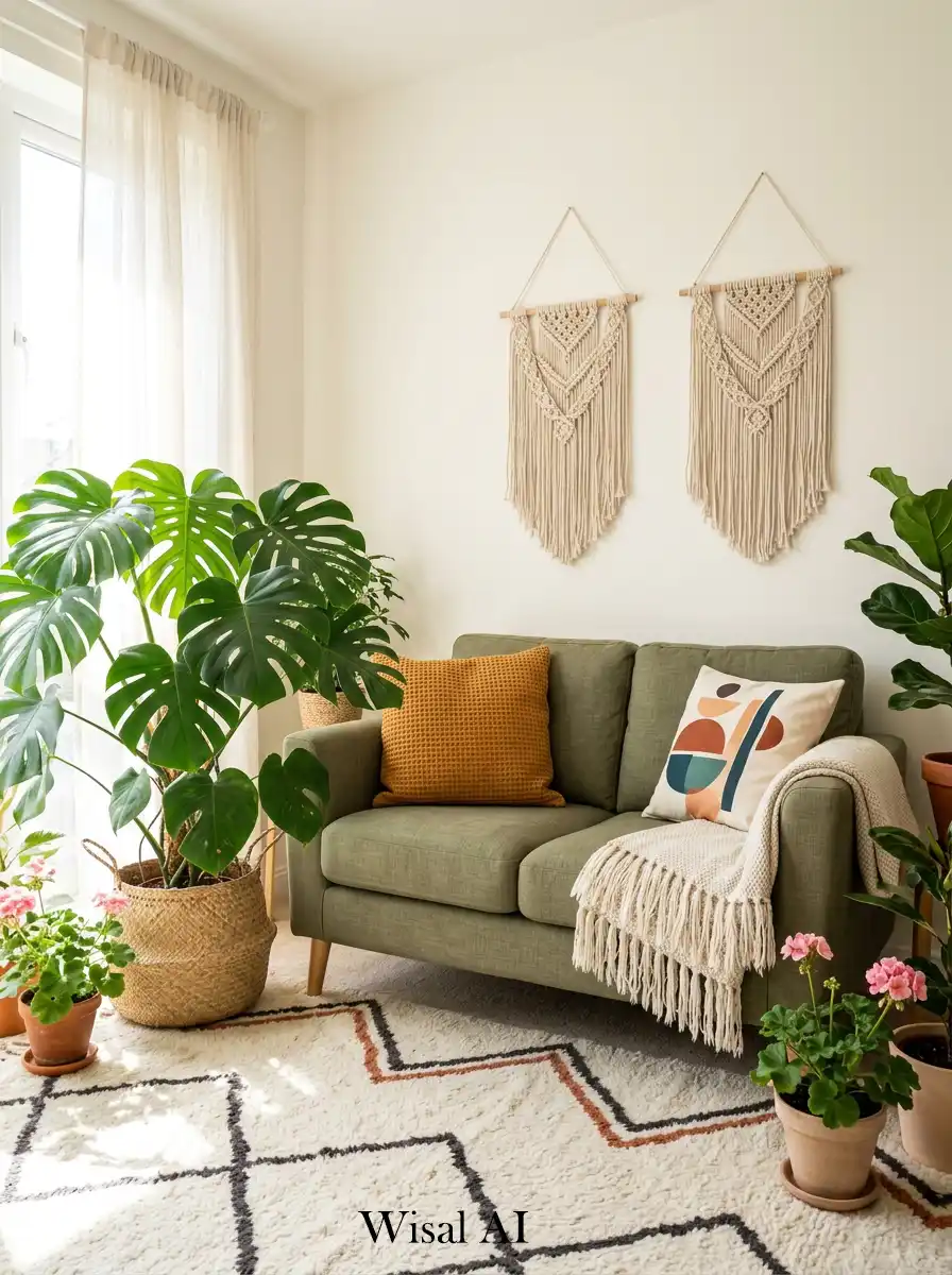 3. Cozy Sage Boho Living Room: An Urban Jungle Corner