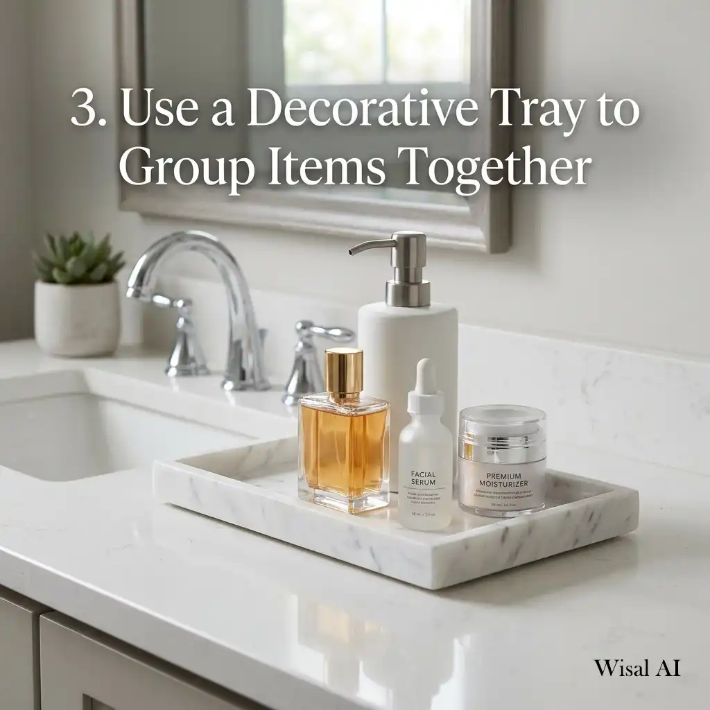Elegant bathroom countertop with toiletries grouped neatly on a decorative marble tray.