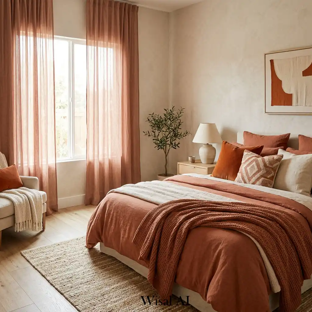 Bedroom with terracotta cushions and warm textile layers