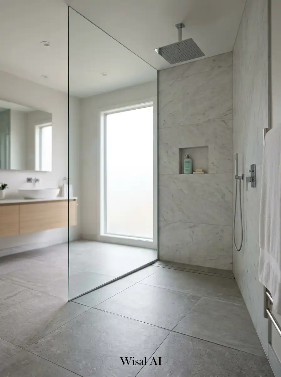 Modern bathroom with frameless glass walk-in shower large tiles and seamless minimalist spa-like interior atmosphere.